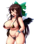  1girl bikini bird_wings black_bikini black_gloves black_wings blush bow bracelet breasts brown_eyes brown_hair cape gloves happy highleg highleg_bikini highres jewelry large_breasts long_hair navel peso_(cheese_company) radiation_symbol reiuji_utsuho shirt single_glove solo stomach swimsuit third_eye touhou white_cape white_shirt wings 