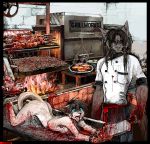  anthro apron barbecue blood blood_on_clothing blood_on_face blood_on_hand blood_splatter blue_eyes bodily_fluids bound brick_wall cannibalism chef cleaver_(knife) clothed clothing cooking cooking_vore cooking_with_furs cookware covered_in_blood crying cuffs_(disambiguation) cutlery detailed detailed_background digital_drawing_(artwork) digital_media_(artwork) digital_painting_(artwork) dismemberment domestic_cat duo felid feline felis fire food frying_pan fur furniture gore grey_body grey_fur grey_hair grill grimdark hair inner_ear_fluff inside jeffusherb kitchen_knife kitchen_utensils knife machine male mammal meat monotone_body monotone_fur nude open_mouth severed_hand severed_leg shocked shocked_expression smoke table tan_body tan_fur tears tools tuft video_games violence 
