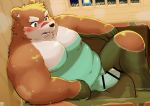  2020 allstatus3 anthro balls bathing belly blush brown_body brown_fur canid canine canis censored detailed_background domestic_dog erection fur genitals hi_res humanoid_genitalia humanoid_penis inside kemono male mammal moobs nipples overweight overweight_anthro overweight_male penis scar sitting solo water wet 
