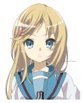  1girl blonde_hair blue_eyes frown hair_ornament hairclip highres kita_high_school_uniform kuuma25_kuma long_hair portrait school_uniform signature simple_background solo suzumiya_haruhi_no_yuuutsu t_(suzumiya_haruhi) 