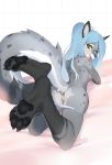  alexandra_(takkin) alshir0 anthro arm_support black_nose black_pawpads blue_eyebrows blue_hair breasts butt canid canine canis clothing eyebrows eyelashes female freckles fur genitals grey_body grey_fur hair hi_res inner_ear_fluff legs_up long_hair looking_at_viewer looking_back lying mammal markings on_front panties panties_down pawpads pussy solo tongue tongue_out tuft underwear underwear_down wolf yellow_eyes 