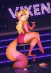  absurd_res anthro bar_stool bedroom_eyes beverage canid canine crossed_legs english_text female fox fox-pop furniture hair hair_over_eye hi_res looking_at_viewer mammal narrowed_eyes one_eye_obstructed one_shoe_on seductive sitting solo stool text 