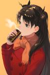  1girl bangs black_hair can coat fate/stay_night fate_(series) green_eyes hair_ribbon highres holding holding_can long_hair long_sleeves open_mouth orange_scarf red_coat ribbon scarf simple_background solo steam tohsaka_rin two_side_up upper_body yellow_background zonotaida 