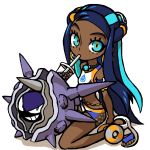  1girl 1other absurdres aqua_eyes aqua_hair armlet belly_chain blue_hair breasts bubble_tea bubble_tea_challenge chibi cloyster commentary_request dark_skin drinking_straw earrings full_body gen_1_pokemon gym_leader hair_bun highres hoop_earrings izuna_yoshitsune jewelry kneeling long_hair looking_at_viewer midriff mouth_hold multicolored_hair nessa_(pokemon) no_socks pokemon pokemon_(creature) pokemon_(game) pokemon_swsh sandals small_breasts swimsuit tankini toes two-tone_hair very_dark_skin 
