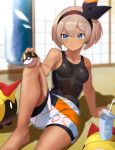  &gt;:) 1girl arm_support ball bangs bare_arms bare_legs bare_shoulders barefoot bea_(pokemon) black_hairband black_ribbon blurry blurry_background blush breasts closed_mouth collarbone commentary_request covered_navel cup dark_skin depth_of_field disposable_cup drinking_straw falinks gen_8_pokemon hair_ribbon hairband highres holding holding_ball holding_poke_ball indoors katwo knee_up leaning_back looking_away looking_to_the_side on_floor poke_ball pokemon pokemon_(creature) pokemon_(game) pokemon_swsh ribbon sandbag short_hair short_shorts shorts silver_hair sitting sleeveless small_breasts smile tank_top thick_eyebrows ultra_ball white_shorts 