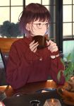  1girl blue_hair blurry brown_hair cup depth_of_field earrings glasses highres jewelry looking_to_the_side mole mole_under_eye mug multicolored_hair nail_polish necklace original round_eyewear saitou_(lynx-shrike) short_hair sitting sleeves_past_wrists solo sweater turtleneck turtleneck_sweater two-tone_hair upper_body watch wristwatch yellow_eyes 