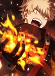  1boy angry bakugou_katsuki bangs black_gloves black_jacket blonde_hair boku_no_hero_academia commentary_request embers explosion furrowed_eyebrows gloves hand_up high_collar highres jacket looking_at_viewer male_focus open_mouth red_eyes short_hair solo spiked_hair teeth upper_body v-shaped_eyebrows yuko666 