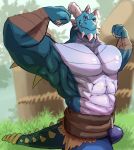  29&ordm;c activision anthro arm_wraps belt blue_body blue_eyes brown_clothing bubba_(spyro) bulge claws clothed clothing dragon flexing grass grin horn looking_at_viewer male muscular muscular_anthro muscular_male pecs scales smile solo spikes spikes_(anatomy) spyro_reignited_trilogy spyro_the_dragon topless video_games wraps 