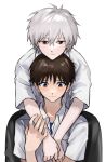  2boys absurdres bangs blue_eyes blue_shirt blush brown_hair closed_mouth collared_shirt grey_hair hair_between_eyes head_on_head highres hug hug_from_behind ikari_shinji male_focus multiple_boys muuyiie nagisa_kaworu neon_genesis_evangelion pale_skin red_eyes shirt simple_background sitting upper_body white_background white_shirt yaoi 