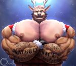  2020 absurd_res anthro antlers barazoku beard biceps big_muscles big_pecs body_hair bust_portrait canonwhitecat capreoline cervid chest_hair christmas clothing crossed_arms english_text facial_hair gloves handwear hi_res holidays horn looking_at_viewer low-angle_view male mammal muscular muscular_anthro muscular_male mustache nipples pecs portrait reindeer smile solo tattoo text text_on_body topwear vein veiny_muscles watermark 