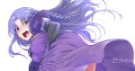  1girl blue_eyes blue_hair blush breasts caster dress elbow_gloves embarrassed fate/stay_night fate_(series) gloves long_hair open_mouth sweat torichamaru twitter_username very_long_hair white_background wind wind_lift 