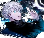 1boy black_jacket blue_background blue_eyes character_name crossed_fingers eyelashes gojou_satoru hair_between_eyes hand_up high_collar highres jacket jujutsu_kaisen long_sleeves looking_at_viewer male_focus multicolored_background open_mouth paint_splatter rasneko short_hair solo twitter_username upper_body white_background white_hair 