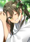  1girl blush eyebrows_visible_through_hair green_eyes green_hair grin hair_between_eyes hair_ribbon highres japanese_clothes kantai_collection katsuobushi_(eba_games) long_hair looking_at_viewer one_eye_closed ribbon smile solo tasuki twintails upper_body white_ribbon zuikaku_(kantai_collection) 