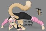  anthro big_butt bored bored_expression butt clothing dialogue domestic_cat english_text felid feline felis fiftyfifthfleet flexibility girly gym_clothing leg_warmers legwear male mammal simple_background solo stretching tagme text yoga_pants 