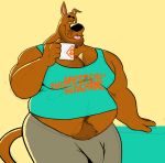  2020 anthro belly beverage big_belly big_pecs black_nose body_hair bottomwear brown_body brown_fur bulge canid canine canis chest_hair clothed clothing cup domestic_dog eyebrows facial_hair floppy_ears fur goatee great_dane hairy hanna-barbera happy_trail hi_res holding_beverage holding_object leaning_on long_tail looking_at_viewer male mammal mastiff molosser muscle_shirt musclegut muscular muscular_anthro muscular_male navel overweight overweight_anthro overweight_male pants pecs pubes raised_eyebrows scooby-doo scooby-doo_(series) shirt smile solo standing stubble tight_clothing tongue tongue_out topwear xleepy yellow_sclera 