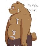  2006 anthro blush bodily_fluids bottomwear brown_body brown_fur clothing cum cum_on_face cum_on_stomach fur genital_fluids japanese_text kemono low_res male mammal overweight overweight_anthro overweight_male shorts solo syukouakanaru text ursid 