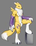  2020 animal_genitalia anthro badroy balls black_claws blue_eyes claws digimon digimon_(species) full-length_portrait genitals grey_background male one_leg_up portrait raised_leg renamon sheath signature simple_background solo standing white_balls white_sheath 