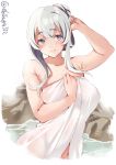  1girl blush breasts closed_mouth ebifurya eyebrows_visible_through_hair folded_ponytail grey_eyes hair_between_eyes highres kamoi_(kantai_collection) kantai_collection large_breasts long_hair looking_at_viewer naked_towel navel onsen rock sidelocks simple_background smile solo towel twitter_username water white_background white_hair white_towel 