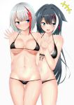  +++ 2girls :d absurdres admiral_graf_spee_(azur_lane) areola_slip areolae arms_behind_back ass_visible_through_thighs azur_lane bangs bare_shoulders bikini black_bikini black_hair blue_eyes blunt_bangs blush breasts cleavage closed_mouth collarbone commentary_request cowboy_shot deutschland_(azur_lane) deutschland_(service_time?!)_(azur_lane) eyebrows_visible_through_hair fang front-tie_bikini front-tie_top groin growing_naru hair_between_eyes hair_intakes highres long_hair looking_at_another looking_at_viewer medium_breasts midriff multicolored_hair multiple_girls navel open_mouth red_hair short_hair sidelocks simple_background skin_fang smile standing streaked_hair sweat swimsuit underboob very_long_hair white_background white_hair 
