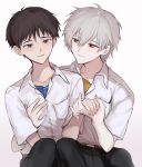  2boys bangs black_hair black_pants blue_eyes blush breast_pocket brown_hair closed_mouth collarbone collared_shirt commentary_request eyebrows_visible_through_hair grabbing grey_hair hair_between_eyes hand_on_another&#039;s_chest highres holding_hands ikari_shinji looking_at_another looking_at_viewer male_focus multiple_boys muuyiie nagisa_kaworu neon_genesis_evangelion pants pocket red_eyes shirt short_hair simple_background sitting smile striped striped_shirt white_shirt yaoi 