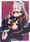  1girl animal_ears ass barefoot black_coat black_legwear black_leotard braid breasts brown_eyes cleavage closed_mouth coat commentary_request erune fraux granblue_fantasy highres large_breasts leotard long_hair long_sleeves looking_at_viewer open_clothes open_coat silver_hair sleeves_past_wrists smile solo twintails uneg very_long_hair wide_sleeves 