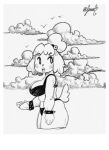  animal_crossing anthro big_breasts bikini border breasts canid canine canis clothing cloud domestic_dog ear_piercing female hi_res isabelle_(animal_crossing) mammal monochrome nintendo panthera_cantus piercing sketch slightly_chubby solo swimwear thick_thighs video_games white_border wristband 