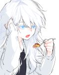  1girl abs arm_up bangs black_shirt blue_eyes cardigan collarbone eating food grey_cardigan hair_between_eyes heterochromia holding holding_spoon incoming_food long_hair long_sleeves looking_down open_mouth original shirt simple_background smile spoon upper_body waka_(shark_waka) white_background white_hair 