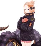  1girl abigail_williams_(fate/grand_order) bandaid bandaid_on_forehead bangs black_bow black_jacket blonde_hair blue_eyes bow breasts crossed_bandaids fate/grand_order fate_(series) forehead hair_bow hair_bun heroic_spirit_traveling_outfit high_collar holding holding_stuffed_toy jacket long_hair long_sleeves looking_at_viewer multiple_bows orange_belt orange_bow parted_bangs polka_dot polka_dot_bow simple_background sleeves_past_fingers sleeves_past_wrists small_breasts stuffed_animal stuffed_toy teddy_bear tentacles thighs toki00002000 white_background 