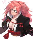  amputee baiken beltbra black_jacket breasts buttons cherry_blossoms cleavage eyepatch facial_tattoo from_above guilty_gear guilty_gear_xrd hair_ribbon high_collar highres jacket japanese_clothes kataginu looking_up one-eyed petals pink_eyes pink_hair ribbon rokumi_tsuki sash scar scar_across_eye scowl simple_background tattoo upper_body white_background 