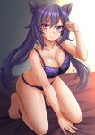  1girl :t barefoot bed_sheet blush bra braid breasts cleavage collarbone genshin_impact hair_ears hand_up highres kazenokaze keqing lace-trimmed_bra lace-trimmed_panties lace_trim long_hair looking_at_viewer medium_breasts on_bed panties paw_pose pink_eyes pout purple_bra purple_hair purple_panties solo thighs twintails underwear underwear_only very_long_hair 