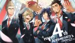  4boys :d anniversary arm_up arms_up basket black_hair black_jacket black_suit black_vest blonde_hair blue_eyes brown_hair clenched_hand closed_mouth collared_shirt crossed_arms dress_shirt facial_hair falling_petals final_fantasy final_fantasy_xv flower_basket formal gladiolus_amicitia glasses goatee green_eyes grin hands_up highres holding holding_basket ignis_scientia indoors jacket long_sleeves looking_away male_focus multiple_boys necktie noctis_lucis_caelum one_eye_closed open_mouth ponytail prompto_argentum red_neckwear scar scar_on_face shirt short_hair smile spiked_hair teeth vest white_shirt yuzukarin 