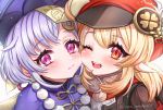  2girls ;d bag bead_necklace beads blonde_hair blush cabbie_hat cheek-to-cheek child face genshin_impact hair_ornament hat jewelry jiangshi klee_(genshin_impact) multiple_girls necklace one_eye_closed open_mouth purple_eyes purple_hair qiqi red_eyes smile tamaso 