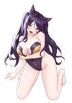  1girl :d animal_ear_fluff animal_ears bare_arms bare_legs bare_shoulders barefoot black_eyes black_hair black_swimsuit breast_hold breasts cat_ears check_copyright cleavage collarbone commission copyright_request fang groin head_tilt highleg highleg_swimsuit highres kneeling large_breasts long_hair looking_at_viewer one-piece_swimsuit open_mouth original simple_background siun smile solo swimsuit thighs twintails very_long_hair white_background 