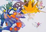  absurdres film_grain gen_1_pokemon gen_4_pokemon gen_7_pokemon gen_8_pokemon highres horns kartana legendary_pokemon mimikyu open_mouth pokemon pokemon_(creature) rhyperior saiku_(zvlku) sharp_teeth tapu_fini teeth toes ultra_beast urshifu zapdos 