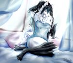  absurd_res anthro arctic_wolf armpit_hair bed big_breasts black_body black_fur black_hair body_hair breasts butt canid canine canis chest_tuft clothed clothing female fur furniture hair hakuhyogaki hand_behind_head hi_res jewelry looking_at_viewer mammal necklace one_eye_closed red_eyes smile solo tuft white_body white_fur wink wolf yuki_hyogaki 