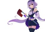  .live 1girl alternate_costume alternate_hairstyle axe carro_pino empty_eyes headband looking_at_viewer low_twintails namicha navel purple_eyes purple_hair shorts simple_background solo thighhighs twintails virtual_youtuber white_background 