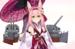  animal_ears aqua_eyes azur_lane foxgirl gloves hanazuki_(azur_lane) japanese_clothes kimono kin&#039;iro_dojo long_hair pink_hair signed umbrella weapon 