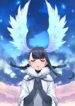  1girl bangs bird_girl bird_wings black-headed_ibis_(kemono_friends) black_gloves black_hair black_neckwear bow bowtie braid closed_eyes cloud cloudy_sky elbow_gloves eyebrows_visible_through_hair facing_viewer frilled_sleeves frills fur_collar gloves hands_clasped hands_together happa_(cloverppd) head_wings kemono_friends neck_ribbon own_hands_together parted_lips praying ribbon shirt short_hair short_sleeves sky solo twin_braids upper_body white_fur white_shirt wings 