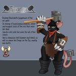  1:1 anthro armor big_breasts big_ears black_body black_fur breasts clothing english_text female fur gauntlets gloves handwear mammal model_sheet mouse_tail murid murine only0neman rat rodent short_stack solo solo_focus text thick_thighs 