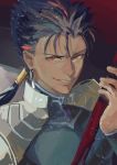  1boy armor beads blue_hair chi4co0820 cu_chulainn_(fate)_(all) earrings fate/stay_night fate_(series) gae_bolg grin hair_beads hair_ornament holding holding_polearm holding_weapon jewelry lancer long_hair looking_at_viewer male_focus pauldrons polearm ponytail red_eyes shoulder_armor smile solo spiked_hair type-moon weapon 
