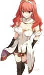  bangs black_gloves blunt_bangs breasts celica_(fire_emblem) cleavage cropped_legs crossed_legs detached_collar dress earrings elbow_gloves eyebrows_behind_hair fire_emblem fire_emblem_echoes:_shadows_of_valentia from_above gloves jewelry looking_to_the_side misu_kasumi red_eyes red_hair small_breasts smile thighhighs white_background white_dress 