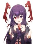  1girl :d a20_(atsumaru) bangs bare_shoulders breasts collar commentary_request detached_sleeves detached_wings grey_background hands_up head_wings heterochromia holding holding_hair indie_virtual_youtuber juliet_sleeves large_breasts long_hair long_sleeves looking_at_viewer open_mouth puffy_sleeves purple_eyes purple_hair red_eyes simple_background smile solo upper_body virtual_youtuber wings 