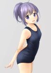  1girl :d bangs bare_arms bare_shoulders black_swimsuit blush breasts collarbone commentary_request eyebrows_visible_through_hair grey_background hair_between_eyes highres looking_at_viewer old_school_swimsuit one-piece_swimsuit open_mouth original ponytail purple_eyes purple_hair school_swimsuit shibacha sidelocks simple_background small_breasts smile solo standing swimsuit 