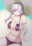  1girl ;d arm_support azur_lane bangs bare_shoulders bikini blush breasts choker cleavage collarbone commentary_request cowboy_shot eyebrows_visible_through_hair gradient gradient_background grey_hair groin hair_between_eyes hat highres large_breasts large_hat long_hair looking_at_viewer midriff navel one_eye_closed open_mouth parted_hair ponytail purple_bikini purple_choker purple_eyes reno_(azur_lane) reno_(summer_spin-off)_(azur_lane) shinonome_halltro sidelocks sitting skindentation smile solo sun_hat swimsuit 