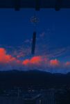  antenna_mast building cityscape cloud cola_(gotouryouta) commentary_request evening highres mountain no_humans original plant scenery sky town tree twilight wind_chime 