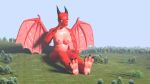  16:9 2018 3_toes 3d_(artwork) ambiguous_gender anthro black_claws blizz_braidy breasts claws countershading digital_media_(artwork) dragon duo female foot_rub grass hi_res kobold larger_female macro nipples non-mammal_breasts nude outside pink_wings purple_eyes red_body red_scales scales scalie shimmer_(westfire) size_difference smaller_ambiguous soles spread_wings toes tree twoscale western_dragon widescreen wings 