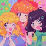  3girls aqua_eyes bangs black_hair blonde_hair blossom_(ppg) blue_eyes blush bow bubbles_(ppg) buttercup_(ppg) green_scarf hair_bow hair_ornament hairclip hands_up heart highres long_sleeves looking_at_viewer meowwniz multiple_girls one_eye_closed open_mouth orange_hair pink_eyes powerpuff_girls red_bow scarf smile sparkle star_(symbol) swept_bangs upper_body 