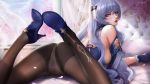  ass bed blush cameltoe cherry_blossoms flowers genshin_impact gloves kaze_no_gyouja keqing_(genshin_impact) long_hair panties pantyhose purple_eyes purple_hair signed underwear 