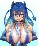  1girl areola_slip areolae bare_shoulders black_choker blue-framed_eyewear blue_background blue_dress blue_eyes blue_gloves blue_hair blush braco breast_lift breasts choker cleavage collarbone commission commissioner_upload covered_nipples demon_girl demon_horns demon_tail dress drooling elbow_gloves eyebrows_visible_through_hair freckles glasses gloves gradient gradient_background gradient_hair hair_between_eyes heart heart-shaped_pupils heart_choker highres horns jewelry large_breasts latex latex_gloves long_hair looking_at_viewer multicolored_hair necklace oiled open_mouth original paizuri piercing rectangular_eyewear saliva saliva_trail simple_background slime smile solo succubus symbol-shaped_pupils tail tentacles tongue tongue_out tongue_piercing upper_body upper_teeth wavy_hair 