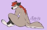 2020 anthro black_nose canid canine digital_media_(artwork) hair looking_back male mammal maned_wolf nude purple_background red_hair rokemi simple_background sitting solo 